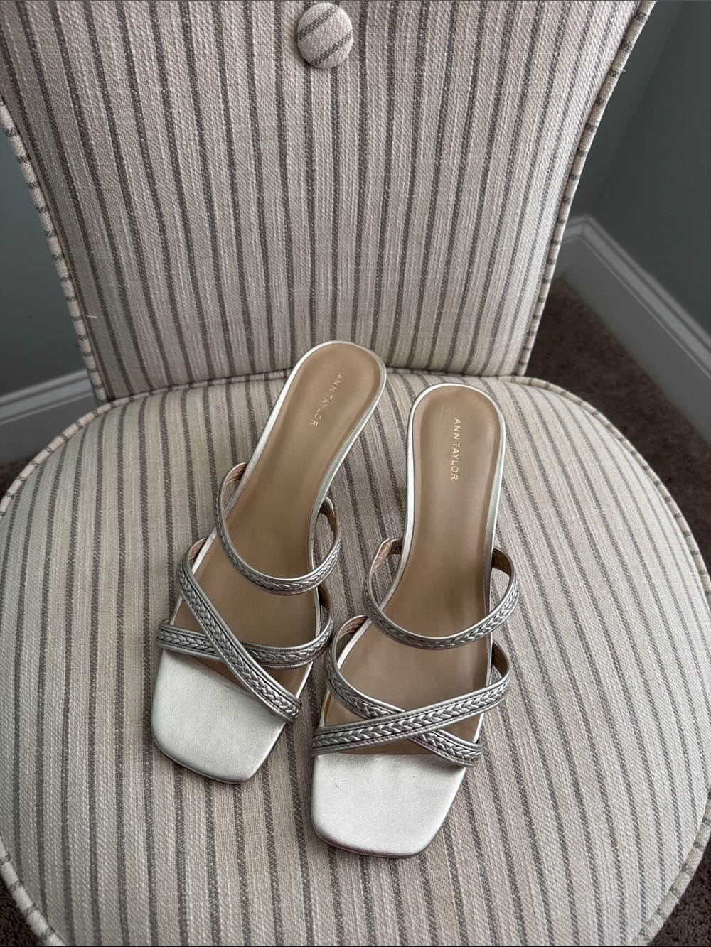 Ann Taylor Gold Braided-Strap Slide Mules Dressy Sandal